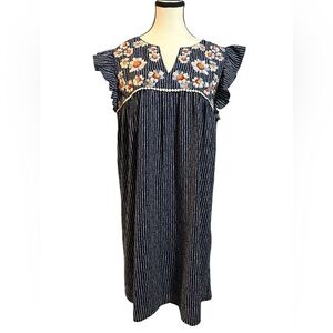 THML Navy Striped Dress with Floral Embroidery